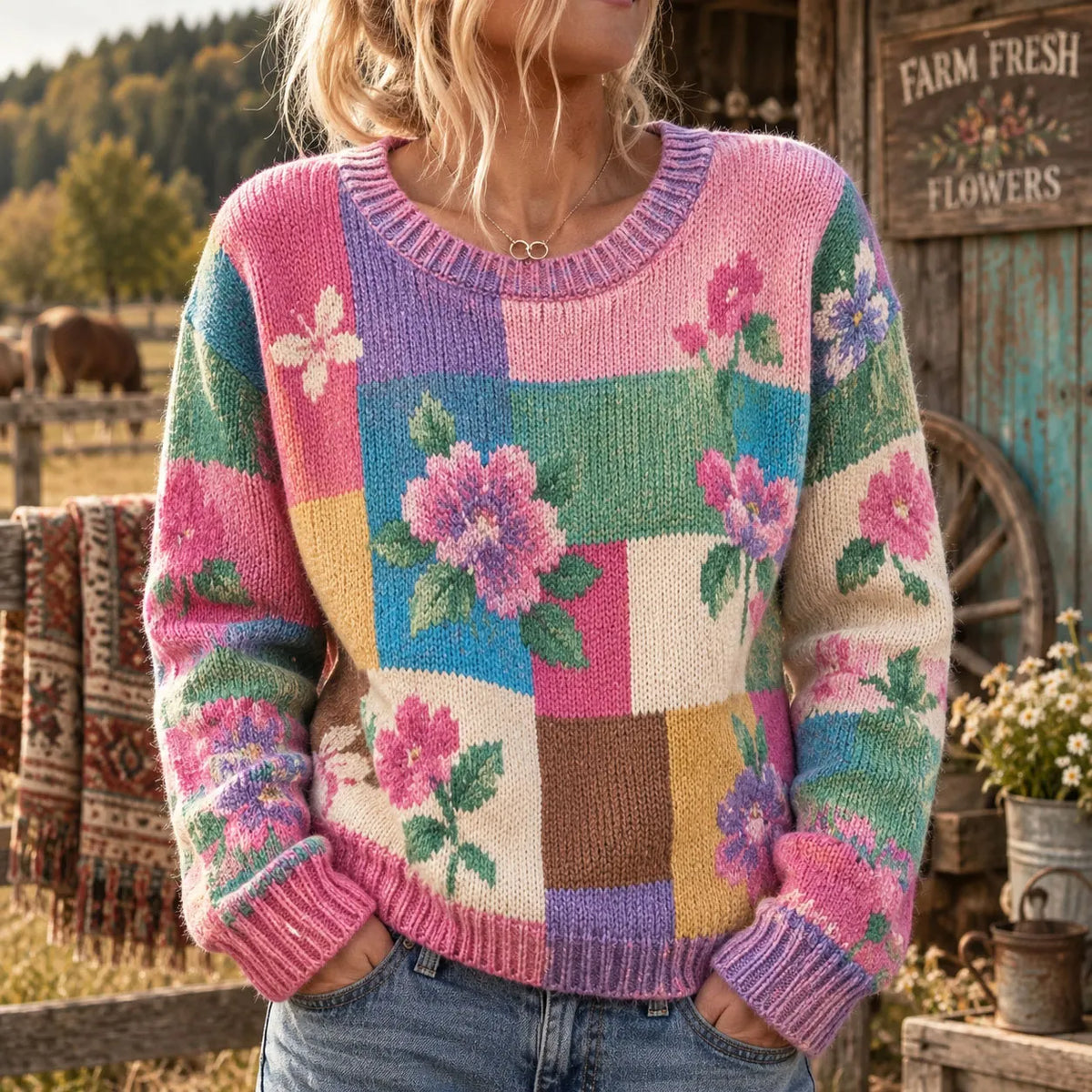 Women's Color-block Floral Print Knit Crew-neck Thermal Sweater