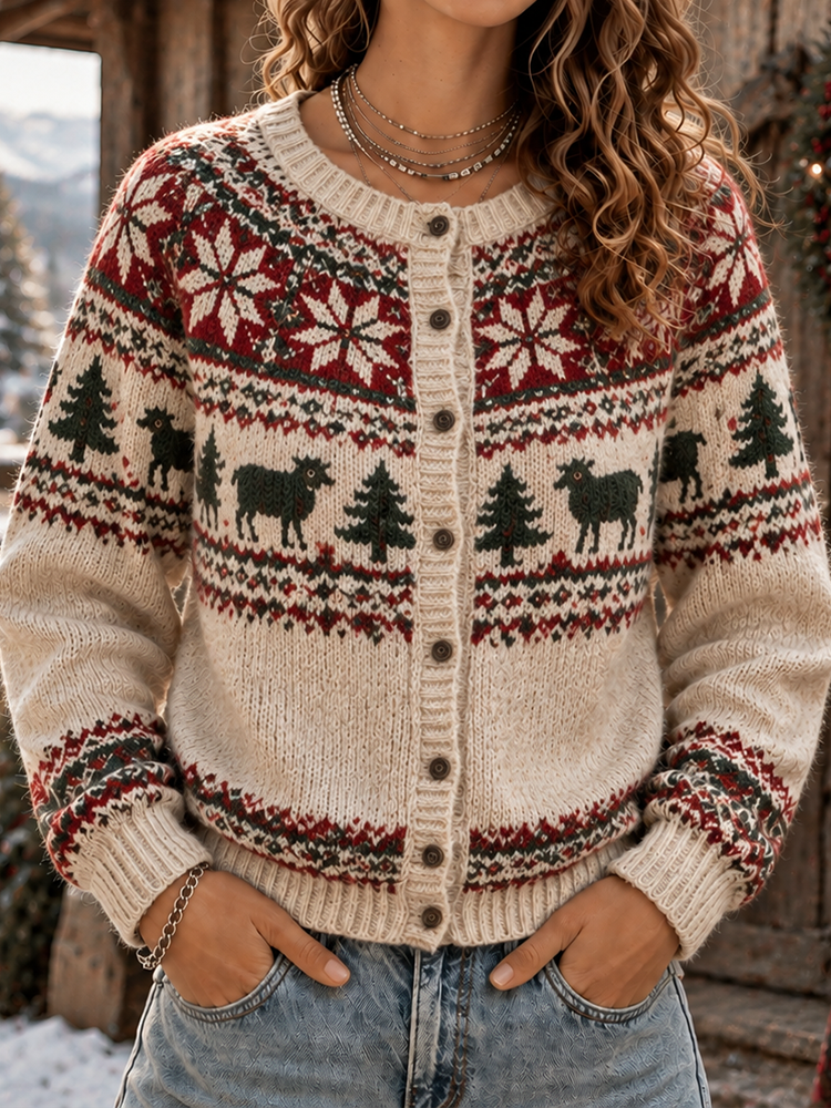 Women's Alpine Deer And Tree Pattern Knitted Cardigan Sweater