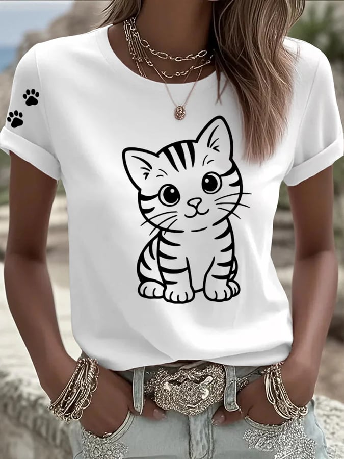 Women's Cute Cat Printed Casual T-Shirt