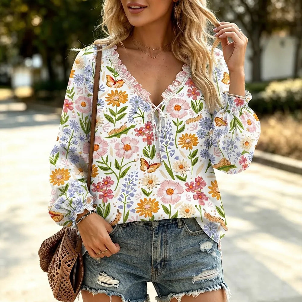 Women's Floral Butterfly V-neck Blouse