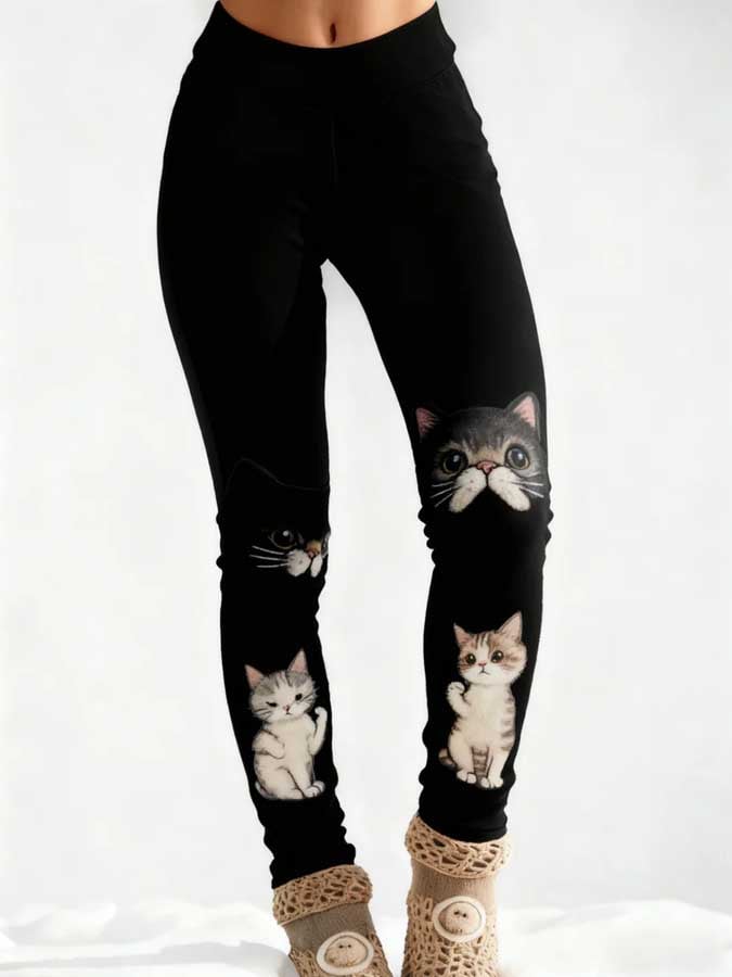 Women's Cat Print Tight Elastic Leggings