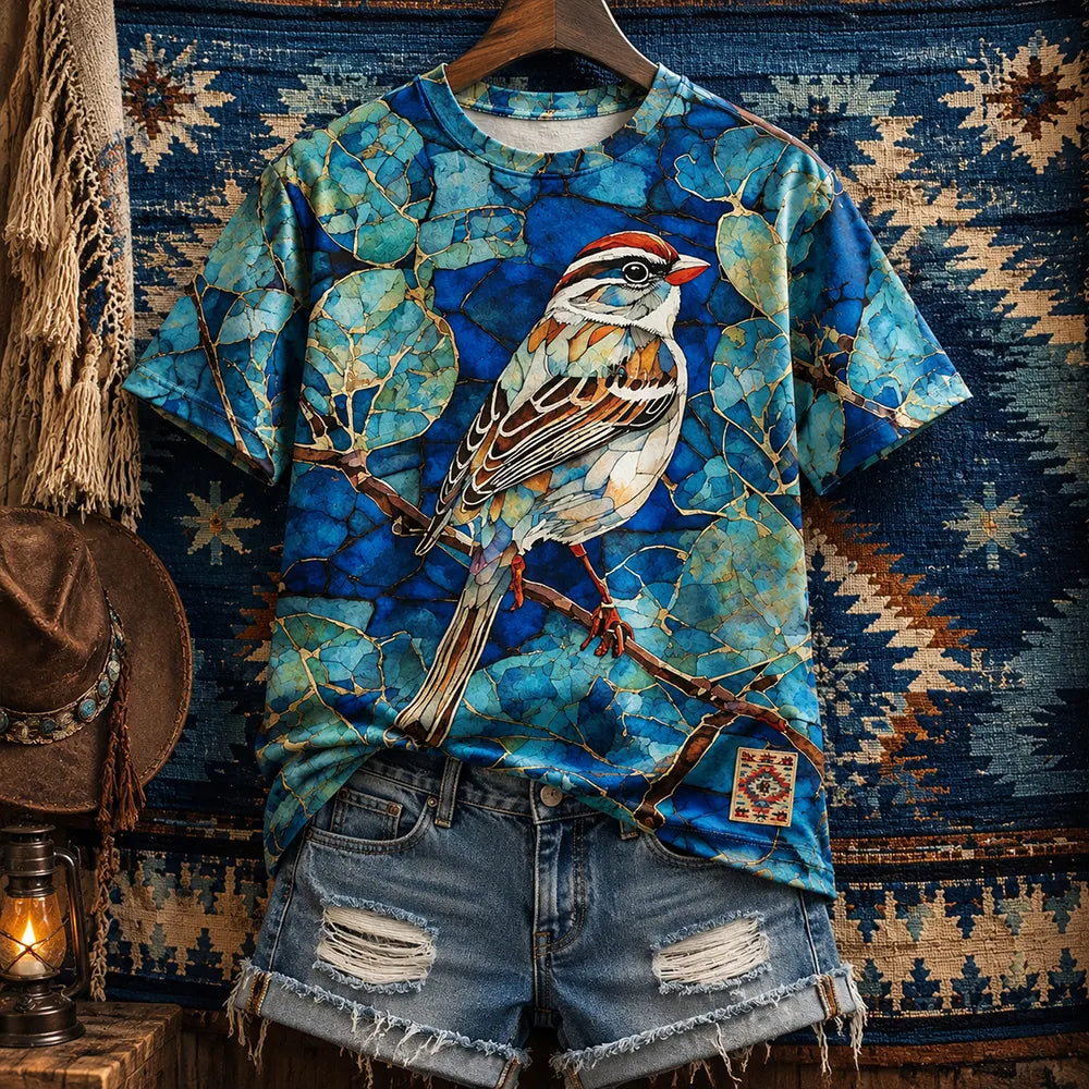 Women's Colorful Bird On A Tree Branch Art Crew Neck Top