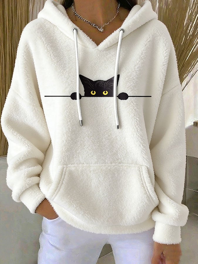 Women's Cute Cat Print Plush Hooded Sweatshirt