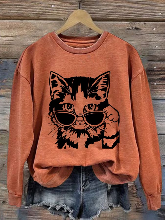 Women'S Cool Cat Print Casual Sweatshirt
