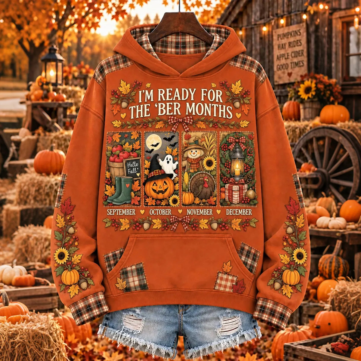Women's I'm Ready For The Ber Months Fall Pumpkin Turkey Snowman Print Pocket Hoodie