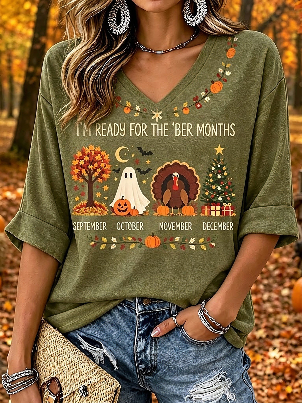 Women's Retro Autumn Casual V-neck T-shirt