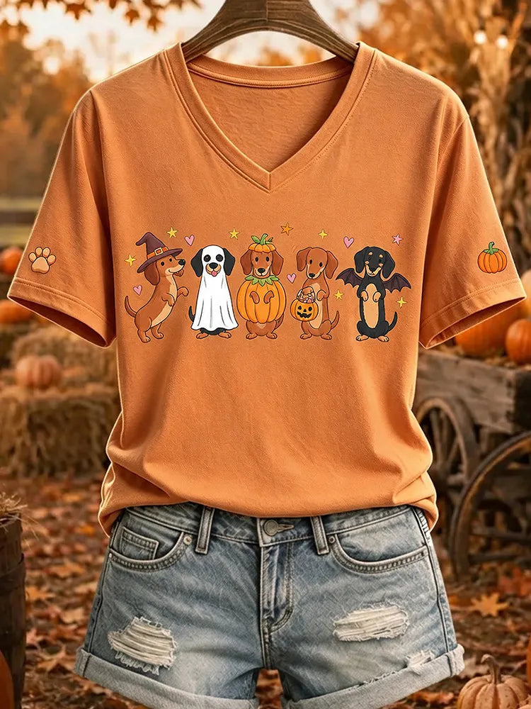 Women's Autumn Color Dog And Pumpkin Pattern Casual Short-sleeve T-shirt