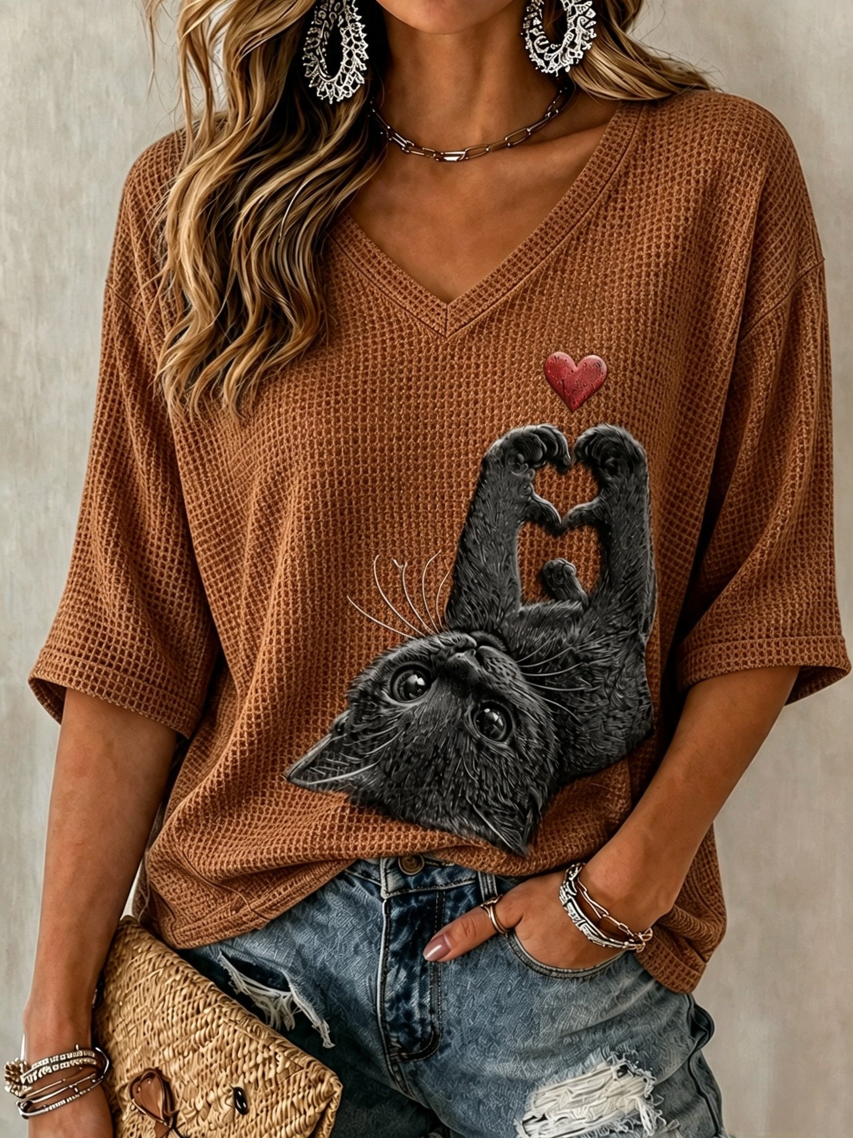 Women's Vintage Casual Cat Print T-Shirt