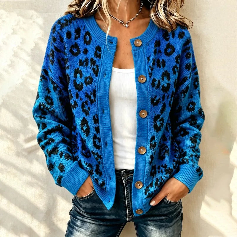 Women's Bohemian Leopard Print Blue Gradient Sweater Cardigan