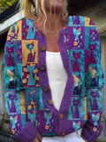 Women's Cute Cat Pattern Crew Neck Cardigan