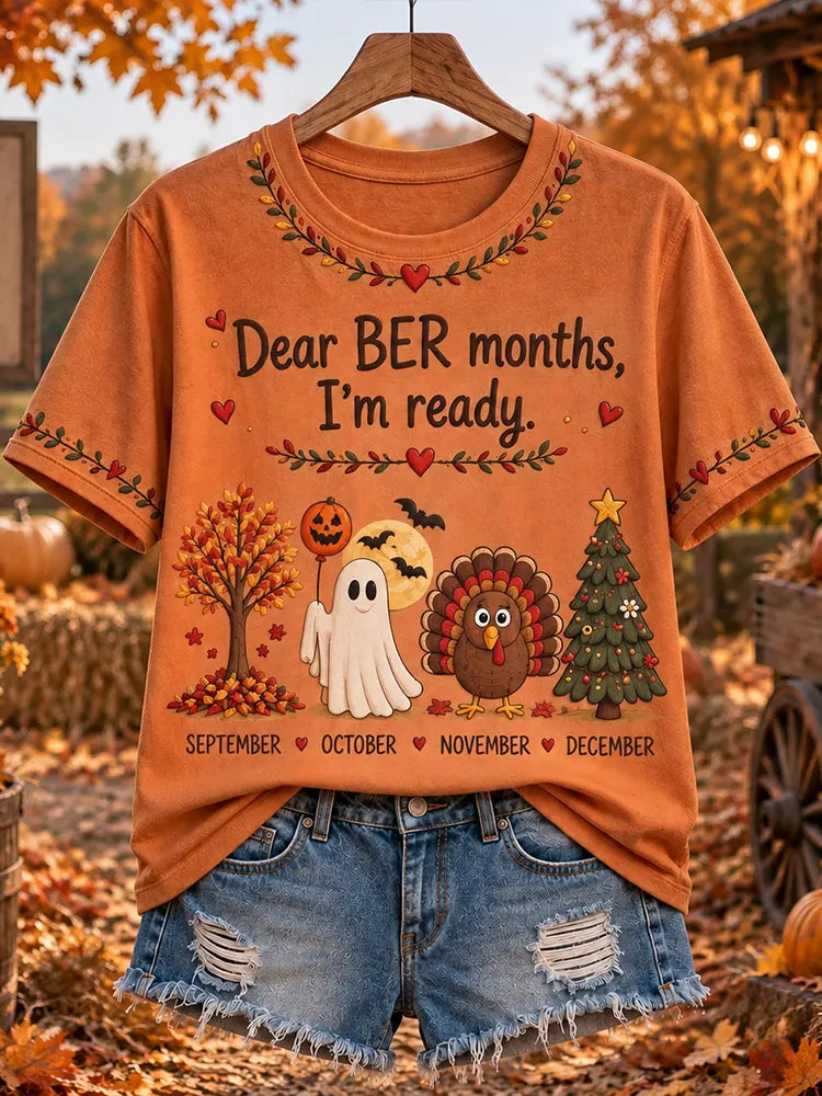 Women's "dear Ber Months I'm Ready" Autumn Ghost Turkey And Christmas Tree Graphic T-shirt
