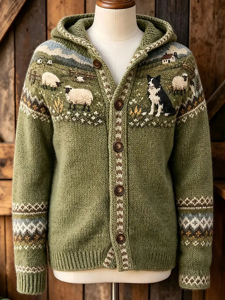 Women's Retro Farm Border Collie With Sheep Patterns Cozy Fair Isle Style Knit Hooded Cardigan
