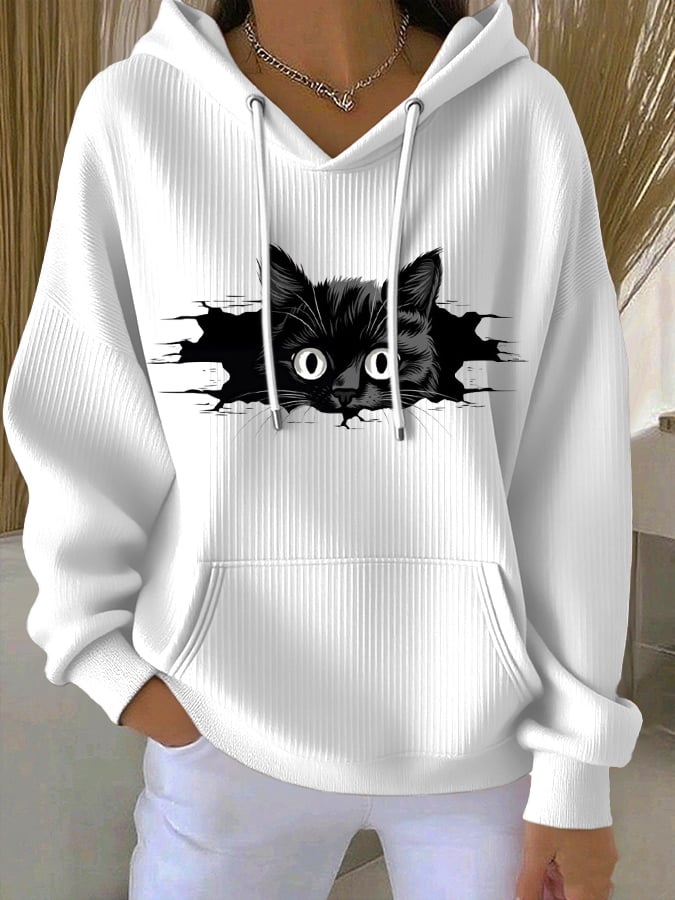 Women's Peeking Black Cat Print Casual Hoodie