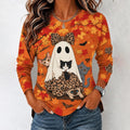 Women's Vintage Ghost Cat Print Crew Neck Long-sleeve T-shirt