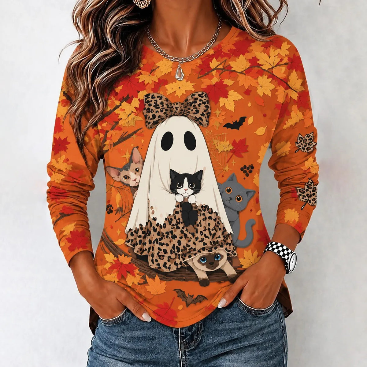 Women's Vintage Ghost Cat Print Crew Neck Long-sleeve T-shirt
