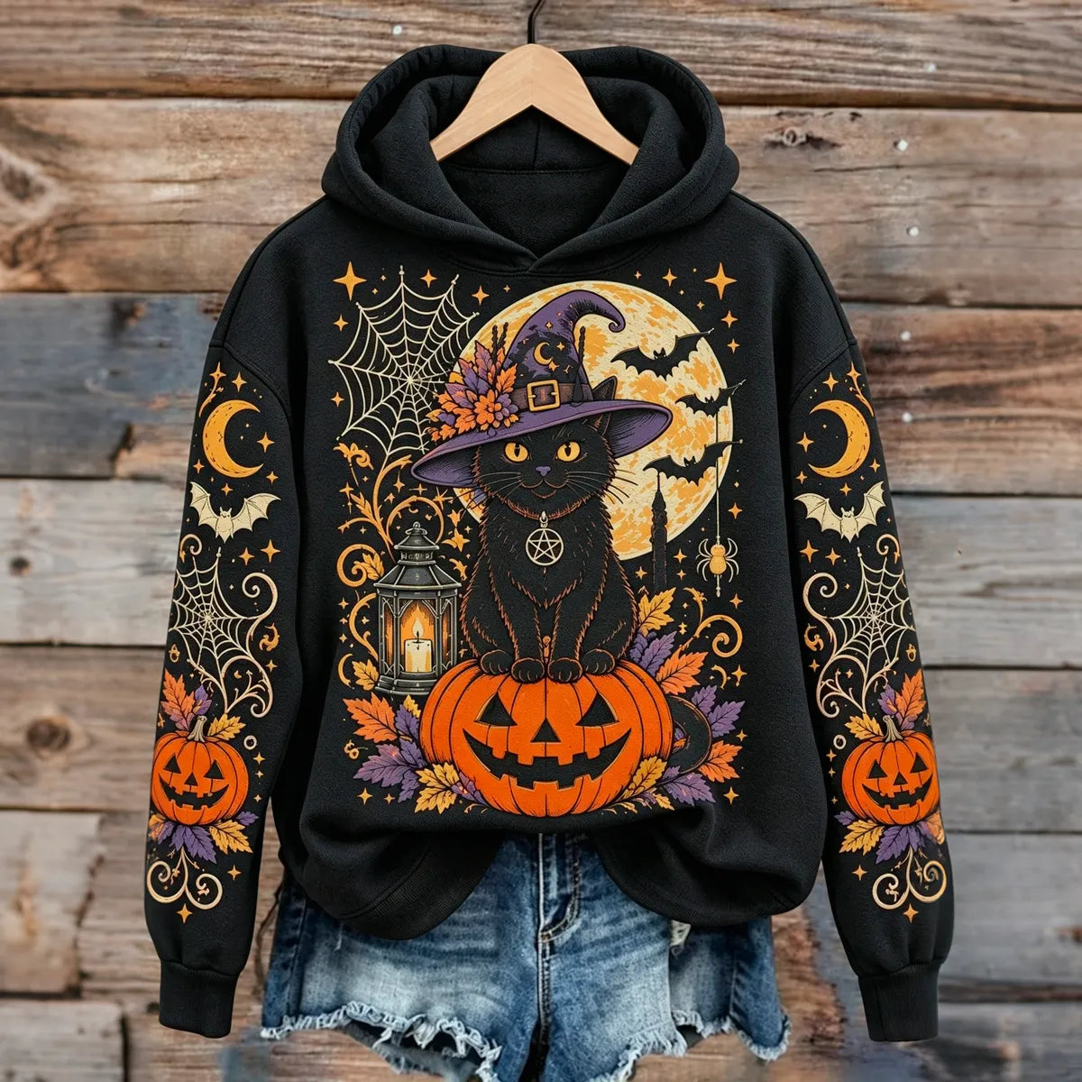 Women's Halloween Black Cat And Pumpkin Print Casual Hoodie