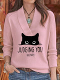 Women's Fall Look Black Cat Halloween Print Casual V-Neck Top