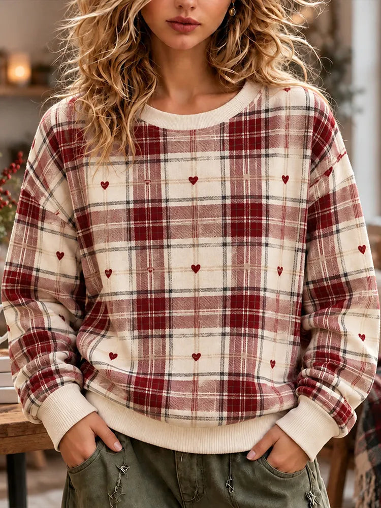 Women's Vintage Tartan Check Red Plaid Heart Print Crewneck Sweatshirt