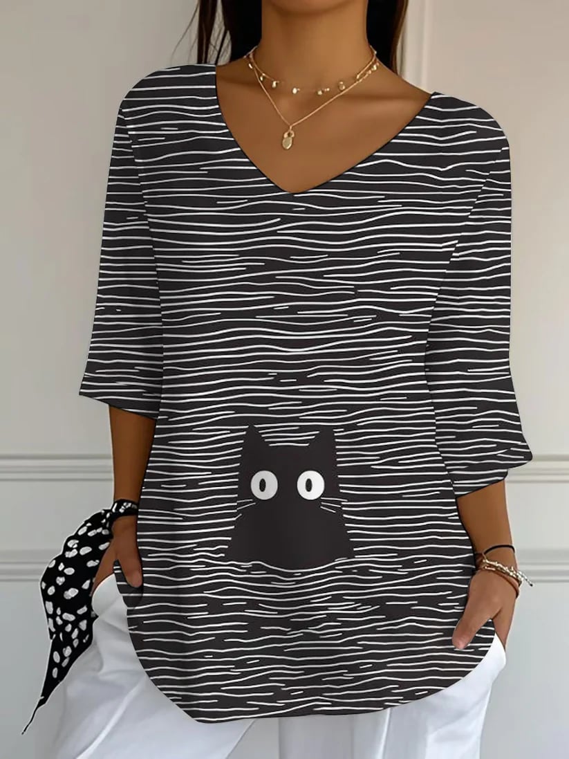 Women's Cat Art Mid-Sleeve Casual T-Shirt