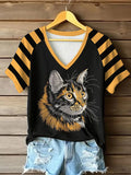 Women's Retro Cute Cat  Print Raglan Short Sleeve T-Shirt
