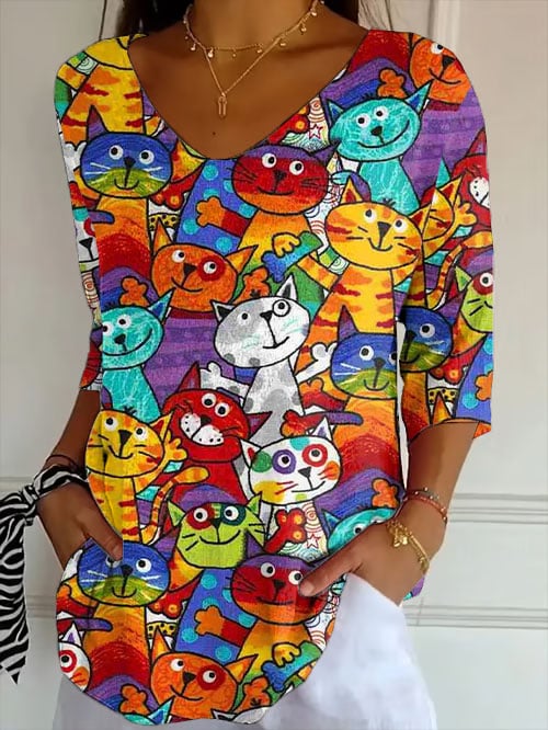 🐾Buy 3 Save 10%🐱Women's Retro Funny Animal Cat Print Shirt💛100% For Shelter Pets🐱🐶