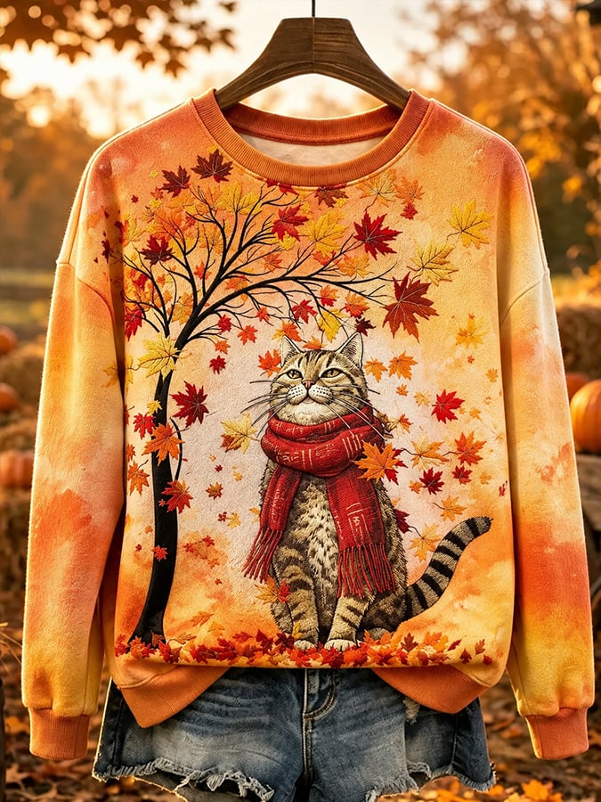 Women's Cute CAT Print Casual Long-Sleeve Sweatshirt for Autumn