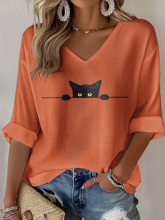🐾Buy 3 Save 10%🐱Women's Cat Print Waffle T-shirt💛100% For Shelter Pets🐱🐶