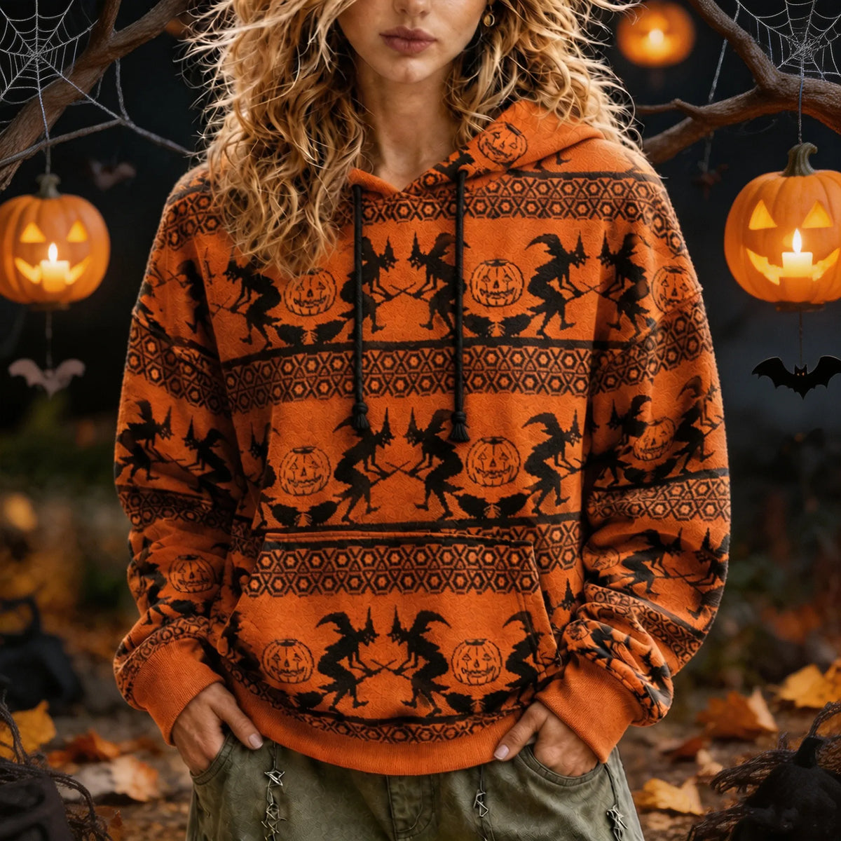 Retro Autumn Halloween Witch Pumpkin Hooded Sweatshirt