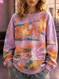 Retro Dreamy Y2k Bohemian Style Vibrant Star Lily Print Washed Loose Sweatshirt