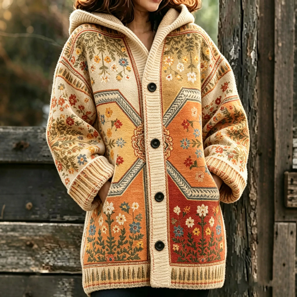 Women's Vintage Floral Art Print Hooded Cardigan Sweater