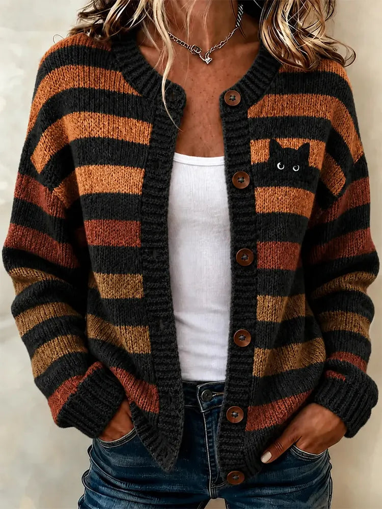 Women's Retro Colorful Striped Black Cat Pattern Art Casual Knit Cardigan