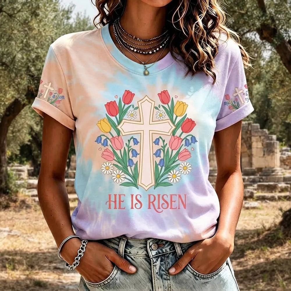Women's Tie-dye Tulip "he Is Risen" Short-sleeve T-shirt