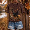 Women's Autumn Cute Cat Art Print Short Sleeve V Neck T-shirt