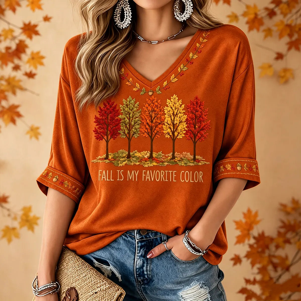 Fall Is My Favorite Color  Women's V-neck T-shirt With Mid-length Sleeves