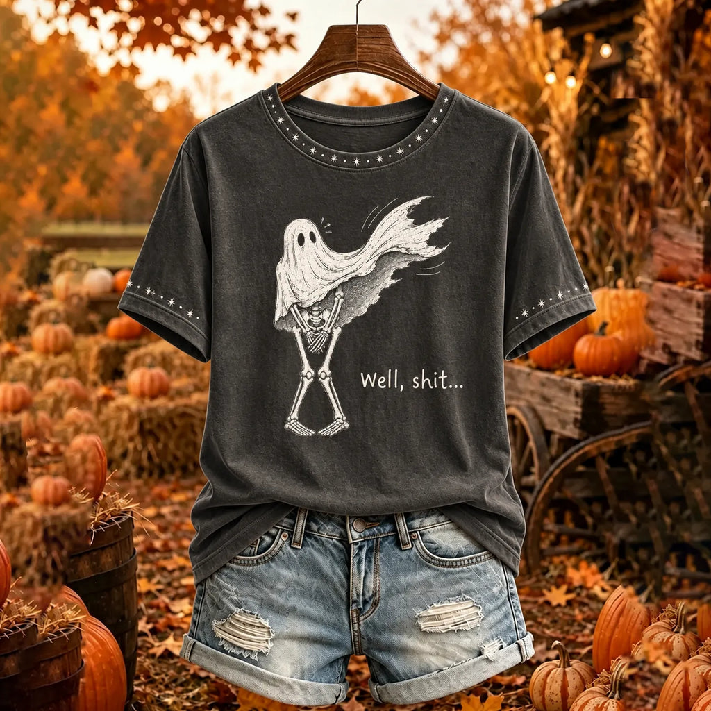 Women's Vintage Halloween Fall Skeleton Print Crew Neck Short Sleeve T-shirt