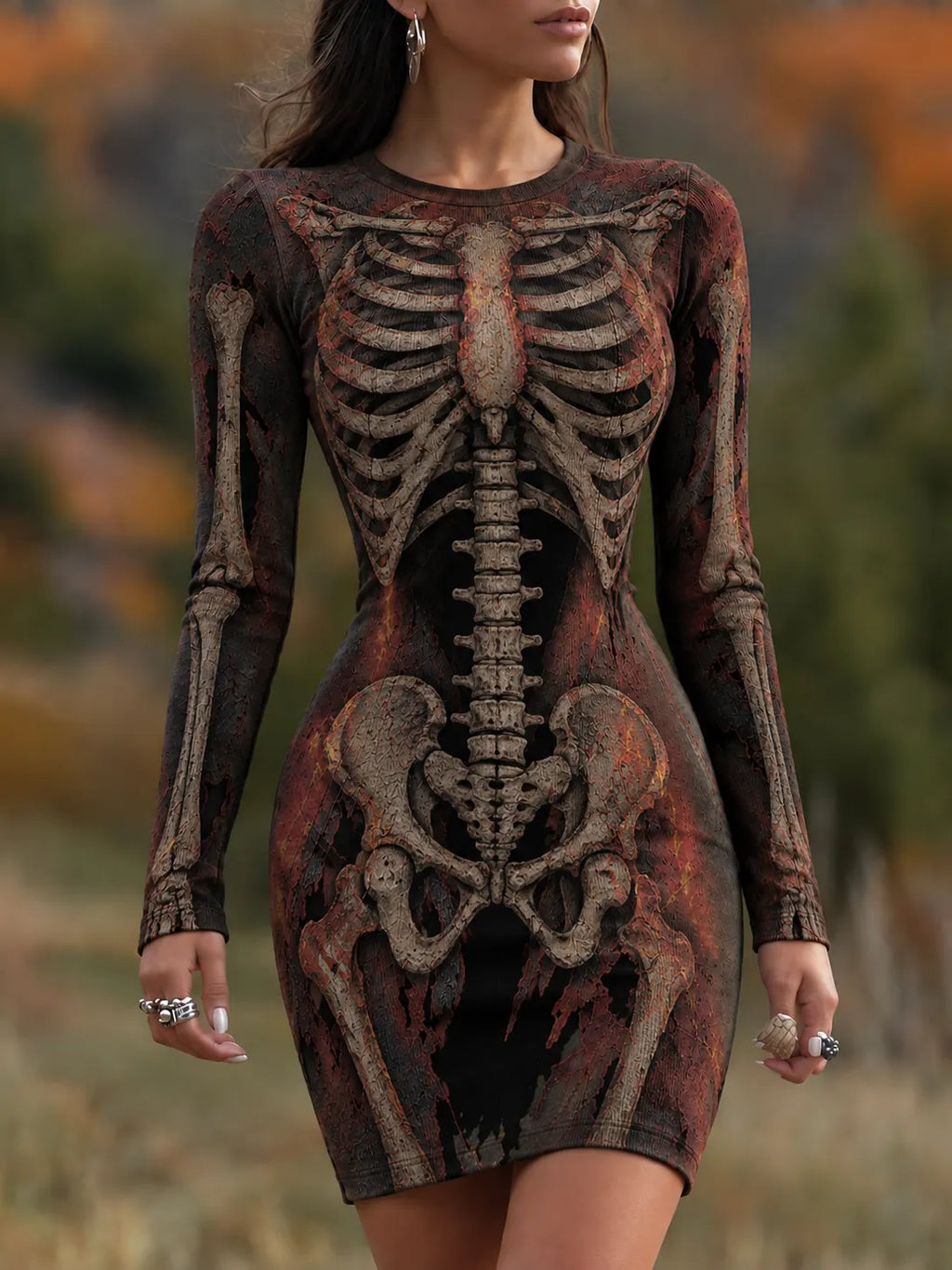 Women's Vintage Halloween Skeleton In Rust Art Comfy Mini Bodycon Dress