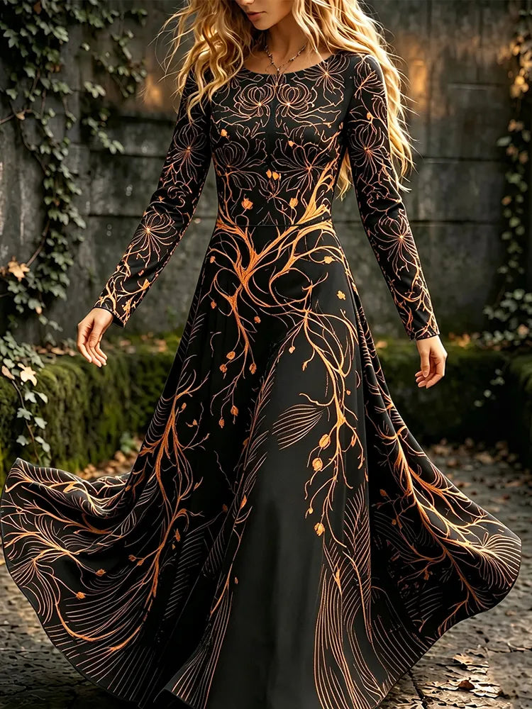 Women's Retro Halloween Floral Art Line Print Round Neck Long Sleeve Dress