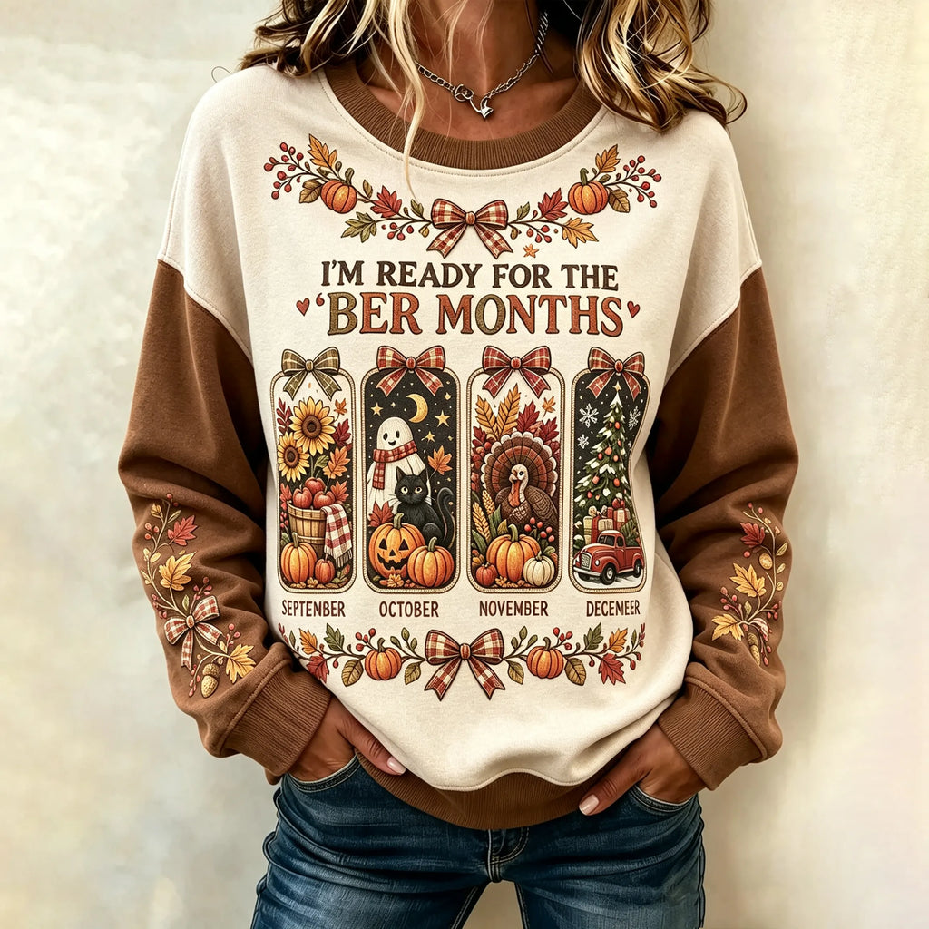 Women's Retro Vacation Autumn Color Block Print Crew Neck Sweatshirt