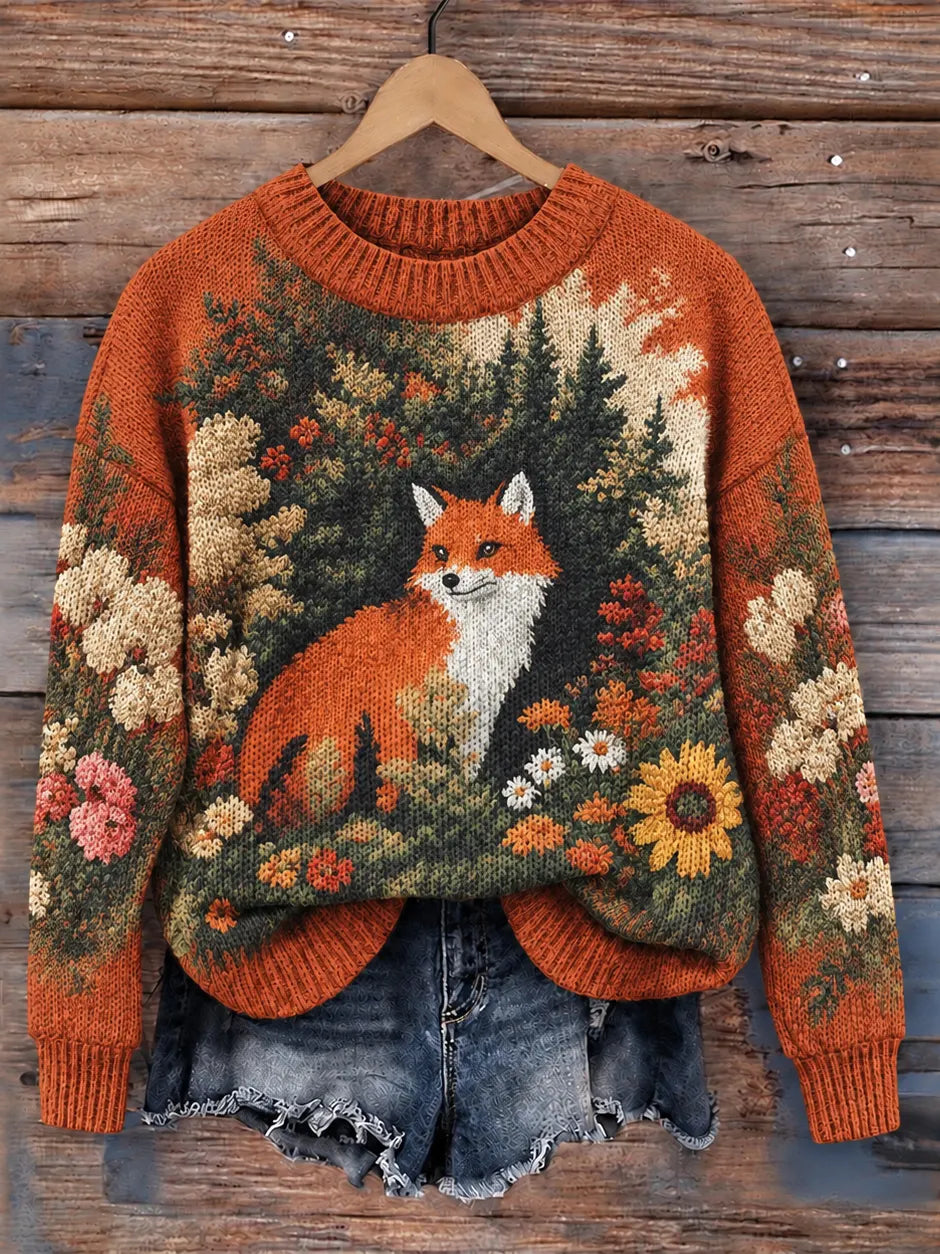 Women's Vintage Fox And Floral Pattern Cozy Knit Sweater