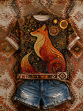 Women's Sitting Fox Art Crewneck Top