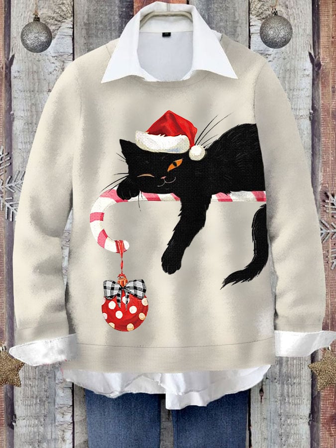 Women's Black Cat Christmas Art Knitted Casual Sweater