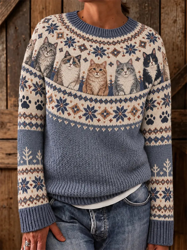 Women's Retro-style Cute Cat Ethnic Jacquard Knit Cozy Sweater