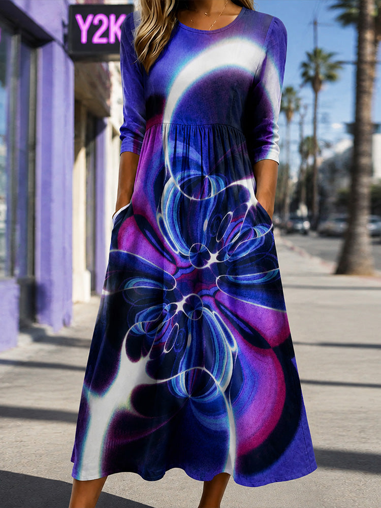 Women's Retro Bohemian Y2k Psychedelic Swirl Abstract Print Casual Loose Long Dress
