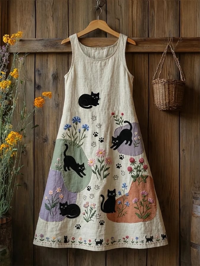 🐾 Buy 3 Save 10%🐱Women'S Sleeveless Crew Neck Dress With Cat Print💛100% For Shelter Pets🐱🐶