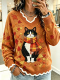 Women's Fall Cat Print Knit Sweater