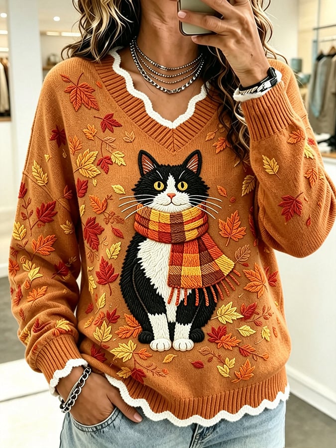 Women's Fall Cat Print Knit Sweater