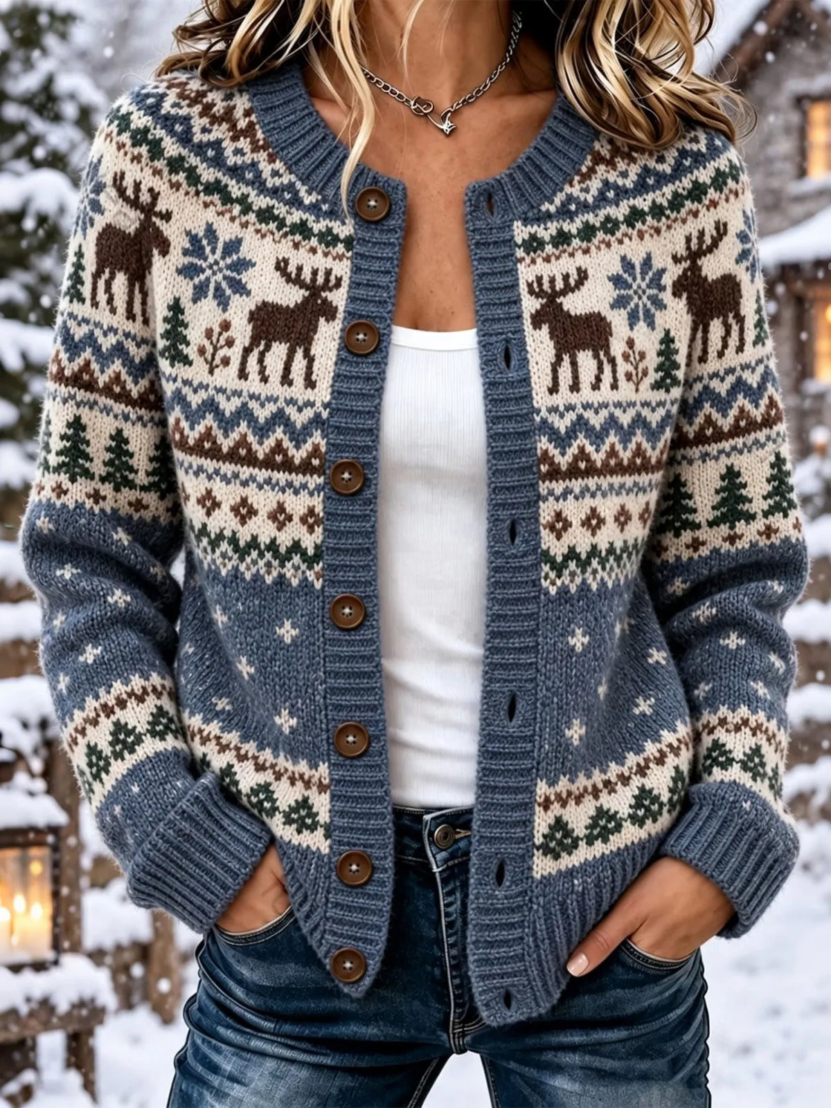 Women's Nordic Style Reindeer Pattern Casual Cardigan Knit Cardigan
