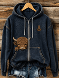 Women's Retro Highland Cow Print Casual Zip-Up Hoodi