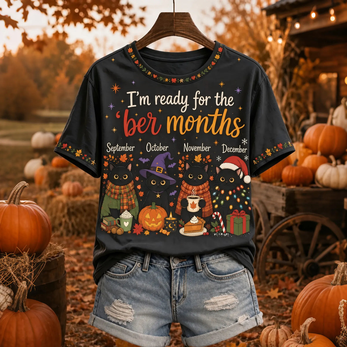 Women's I'm Ready For The 'ber Months With Black Cat Print Casual Crew Neck T-shirt