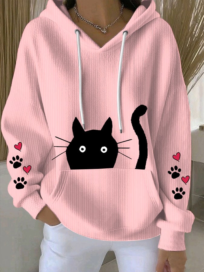 Women's Retro Animal Cat Paw Print Casual Hoodie